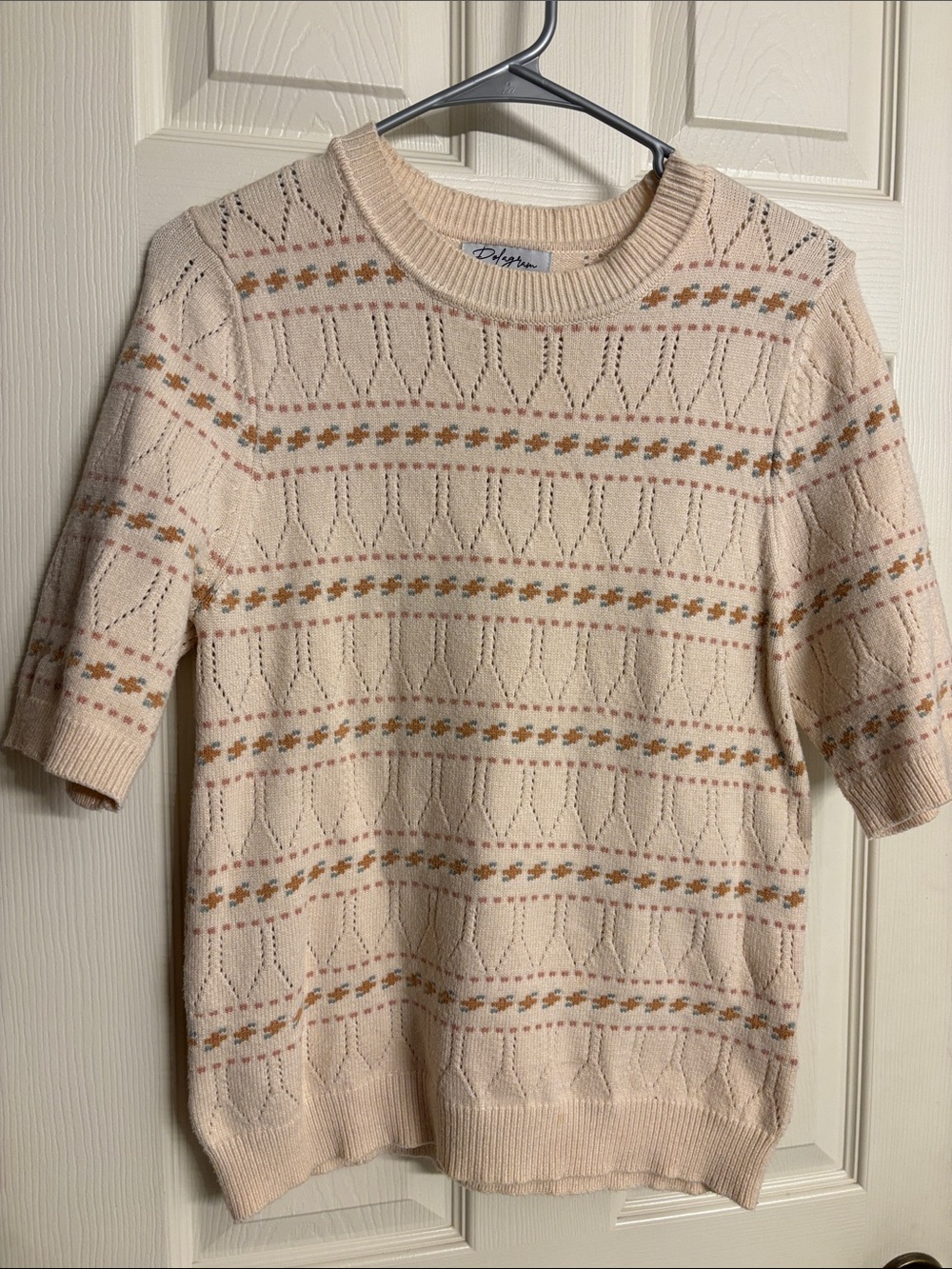 Polagram Cream Pointelle Short Sleeve Sweater with Accent Stripes